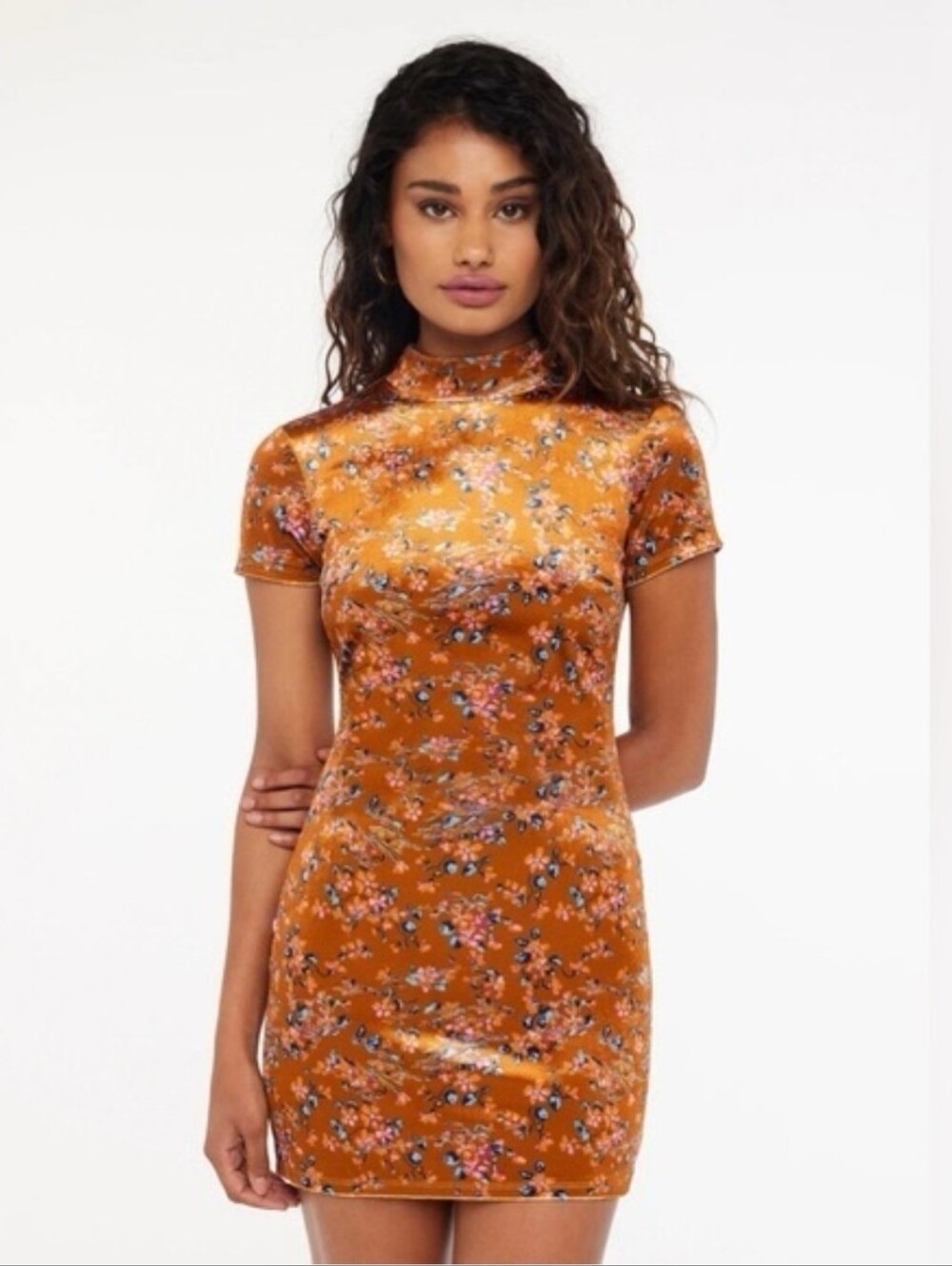 Psychedelic Mock Neckline Burnt Orange Velvet Backless